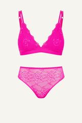 Signature Lace Bralette & High Waisted Brief Set - Neon Pink