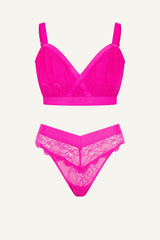 Signature Lace High Support Bralette & V Brazilian Set - Neon Pink