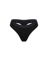 Black low-rise G-string bikini briefs with a wide elastic waistband, shown against a plain white background.