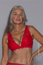 A woman wearing a red lace push up bra ^Lolly | Size: 32 E / 12