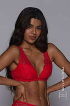 A woman wearing a red lace push up bra ^Prachi | Size: 32 C-D / 8