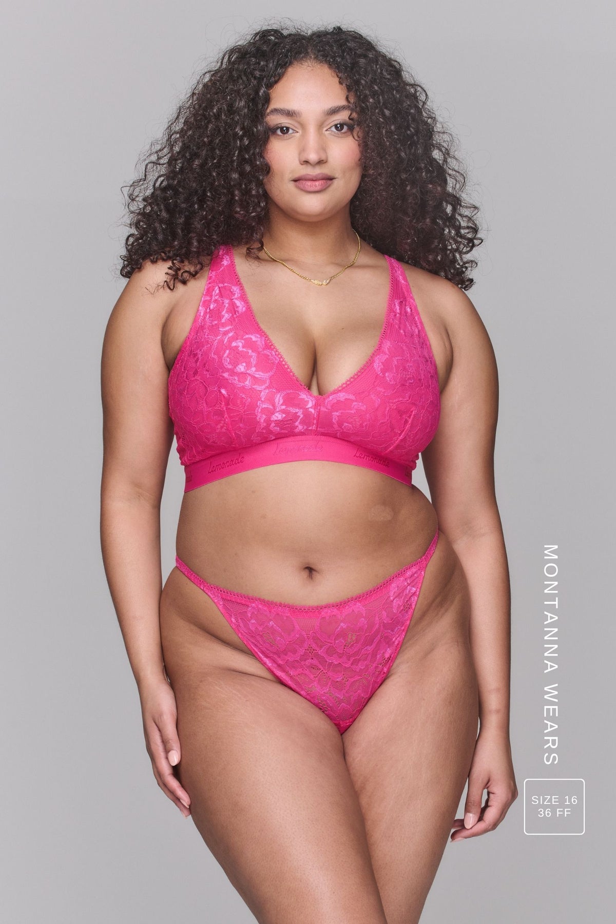 A woman wearing a pink lace fuller cup bralette paired with matching knickers ^Montanna | Size: 36 FF / 16