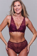 A woman wearing a wine lace push up paired with matching knickers ^AYEISHA | Size: 32 D / 8
