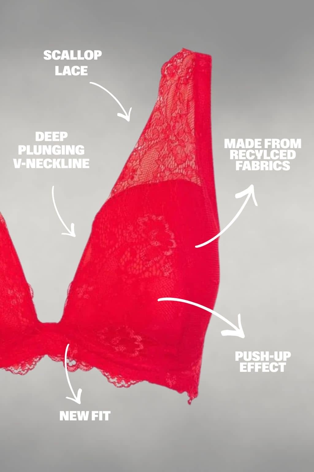 A ghost image og a red lace push up bra with details of the product on it 