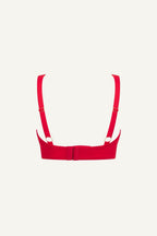 A ghost image of the back of a red lace push up bra 