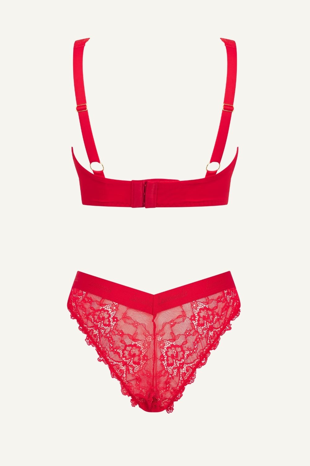 Red lace lingerie set on a white background