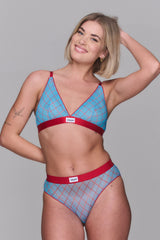 So Soft Mesh Printed Check Bralette & Brief Set - Blue