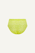 A ghost image of the back of a high waisted lace brief in the colour "Lime"
