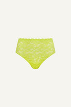 A ghost image of the front of a pair of high waisted lace briefs in the colour "Lime"