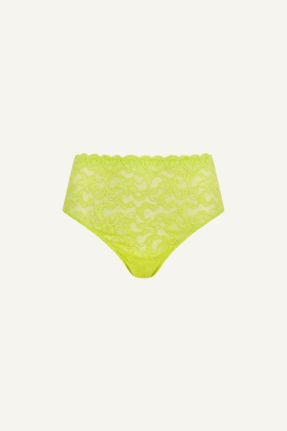 A ghost image of the front of a pair of high waisted lace briefs in the colour "Lime"