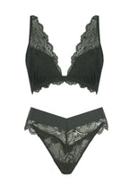 A ghost image of the front of a black slate lace lingerie set 