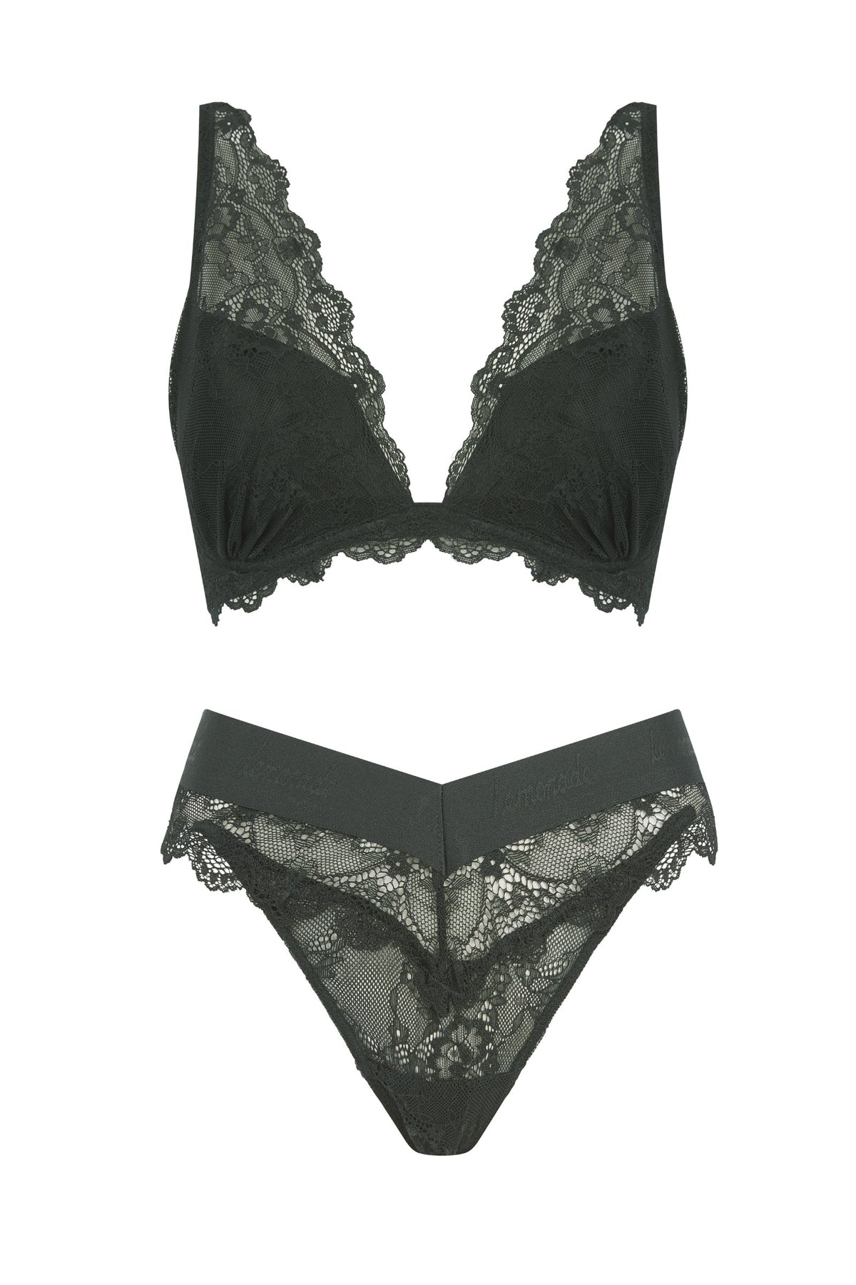 A ghost image of the front of a black slate lace lingerie set 