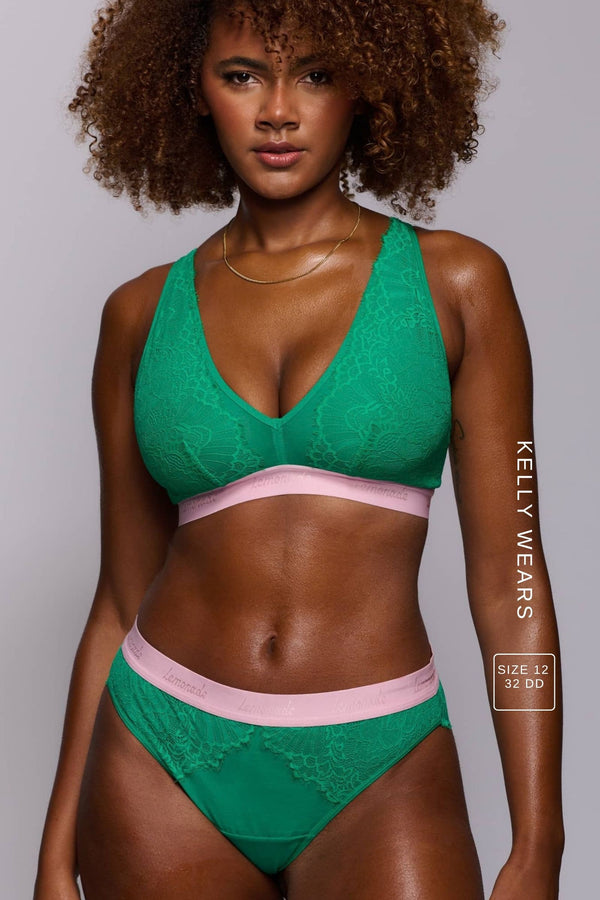 Green Lace and Mesh Bralette And Brief Set