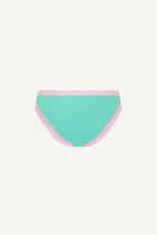 A ghost image of the back of a pair of v brazilians in teal and pink 