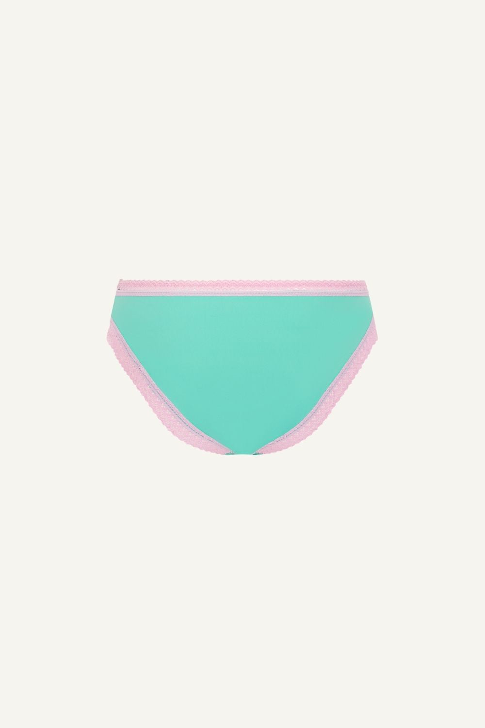 A ghost image of the back of a pair of v brazilians in teal and pink 