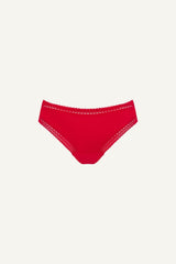 A ghost image of the front of a pair of red v brazilians called "the flex"