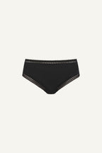 A ghost image of the front of a black pair of briefs called "The Flex"