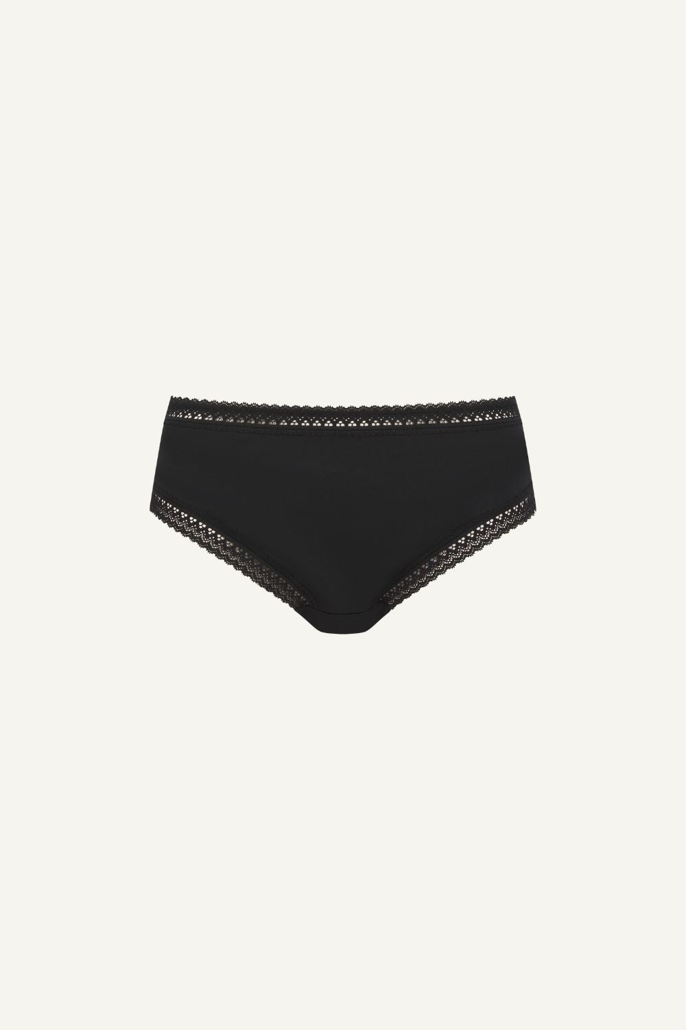 A ghost image of the front of a black pair of briefs called "The Flex"