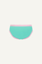 A ghost image of the back of a brief called "The Flex" in the colour "aqua" with pink details on it
