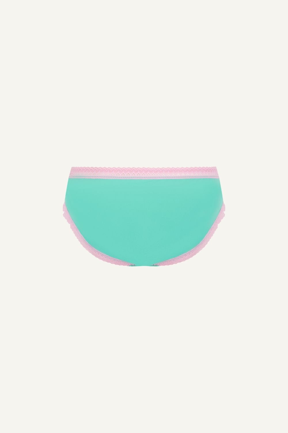 A ghost image of the back of a brief called "The Flex" in the colour "aqua" with pink details on it