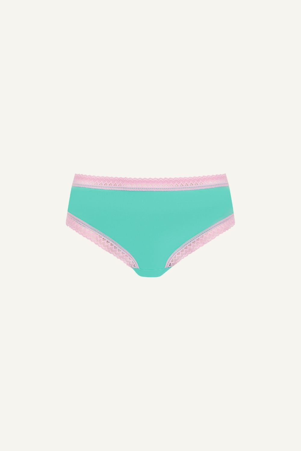 A ghost image of the front of a brief in the colour "aqua" with pink details on it 