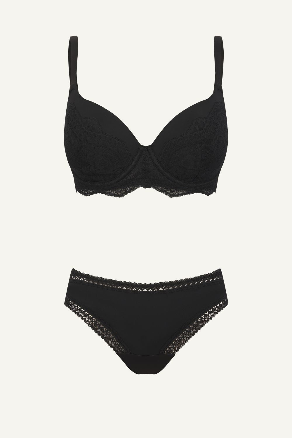 Black Plunge Bra And Mid Rise Brazilian Set