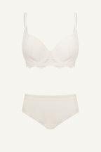 Cream Plunge Bra And Mid Rise Brazilian Set