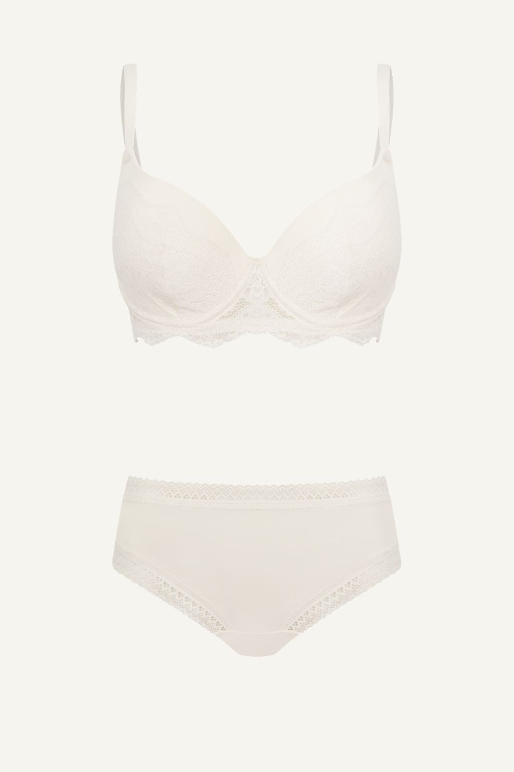 Cream Plunge Bra And Mid Rise Brazilian Set