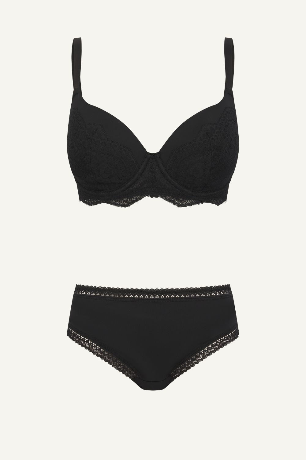 Black Plunge Bra And Mid Rise Brief Set
