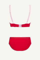 A ghost image of the back of a red and pink lingerie set 