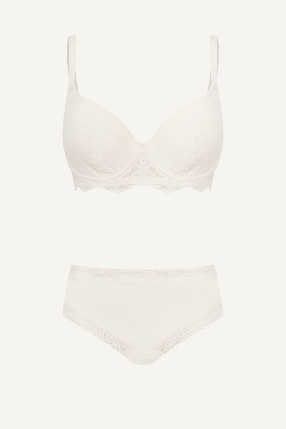 Cream Plunge Bra And Mid Rise Brief Set