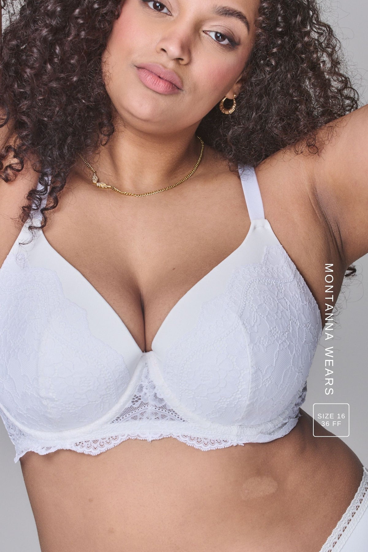 Woman wearing a white bra called The Flex and soft white brief
