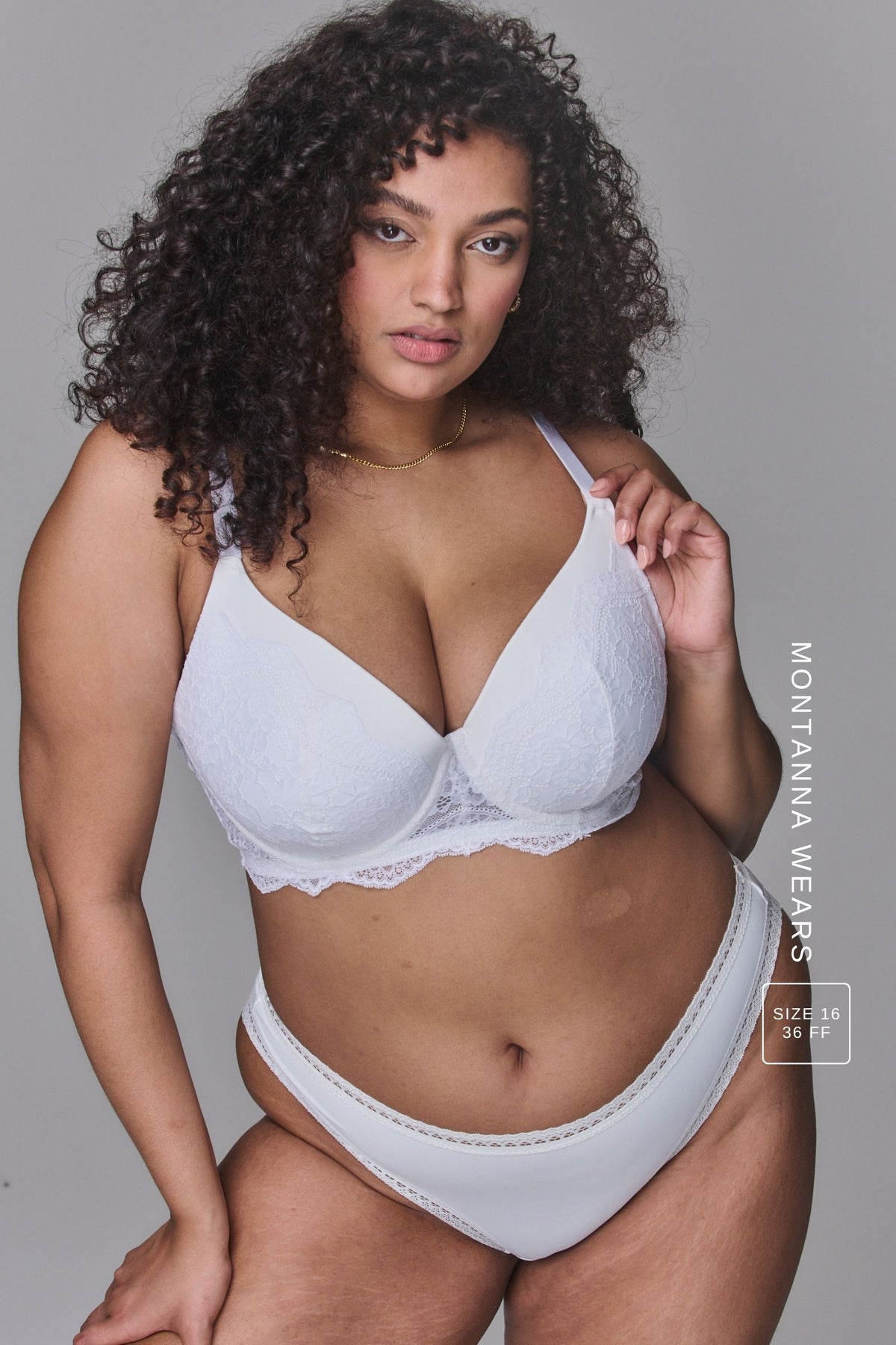 Woman wearing a white bra called The Flex and soft white brief