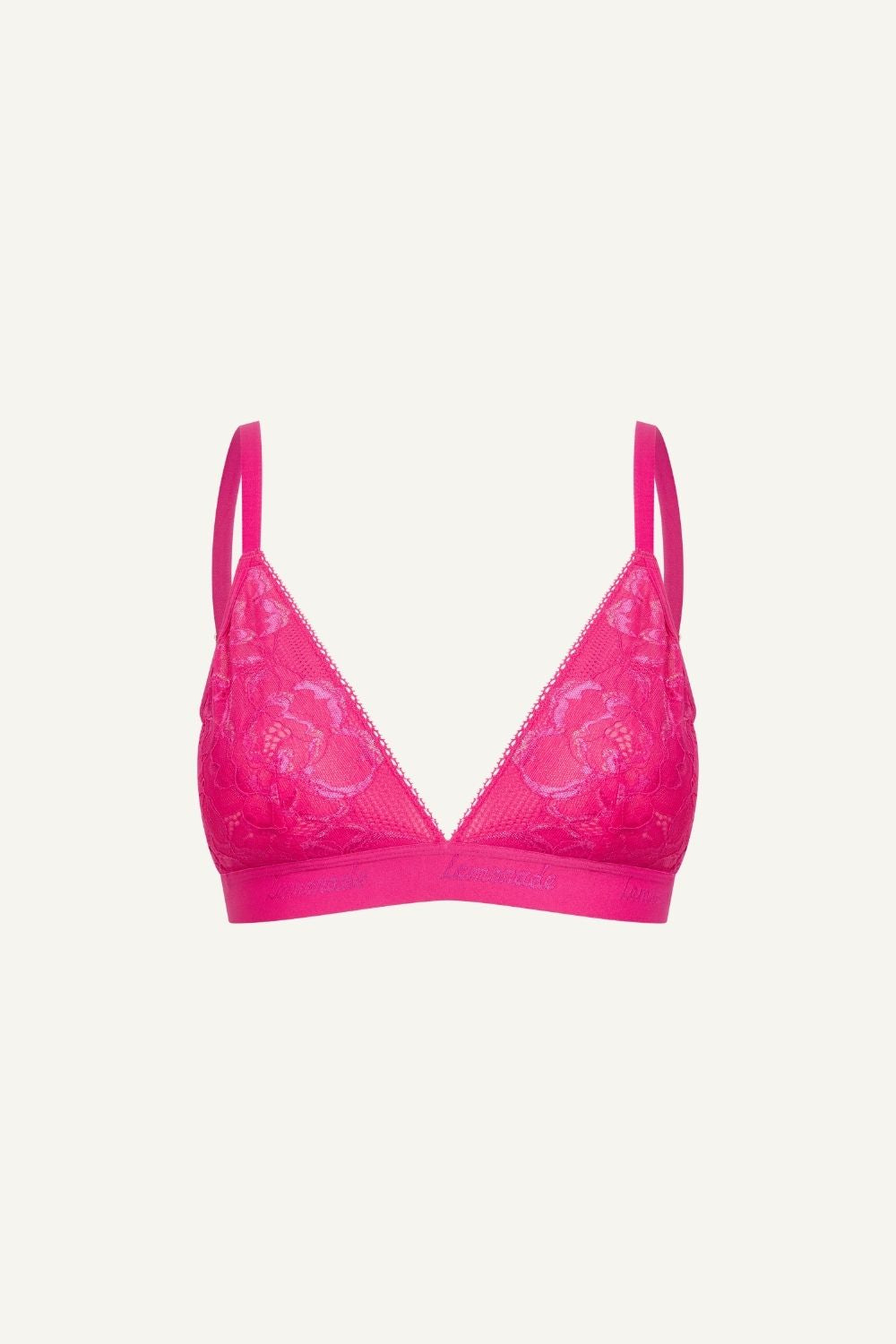 Ghost image of the front of a pink lace bralette called "iridescent" 