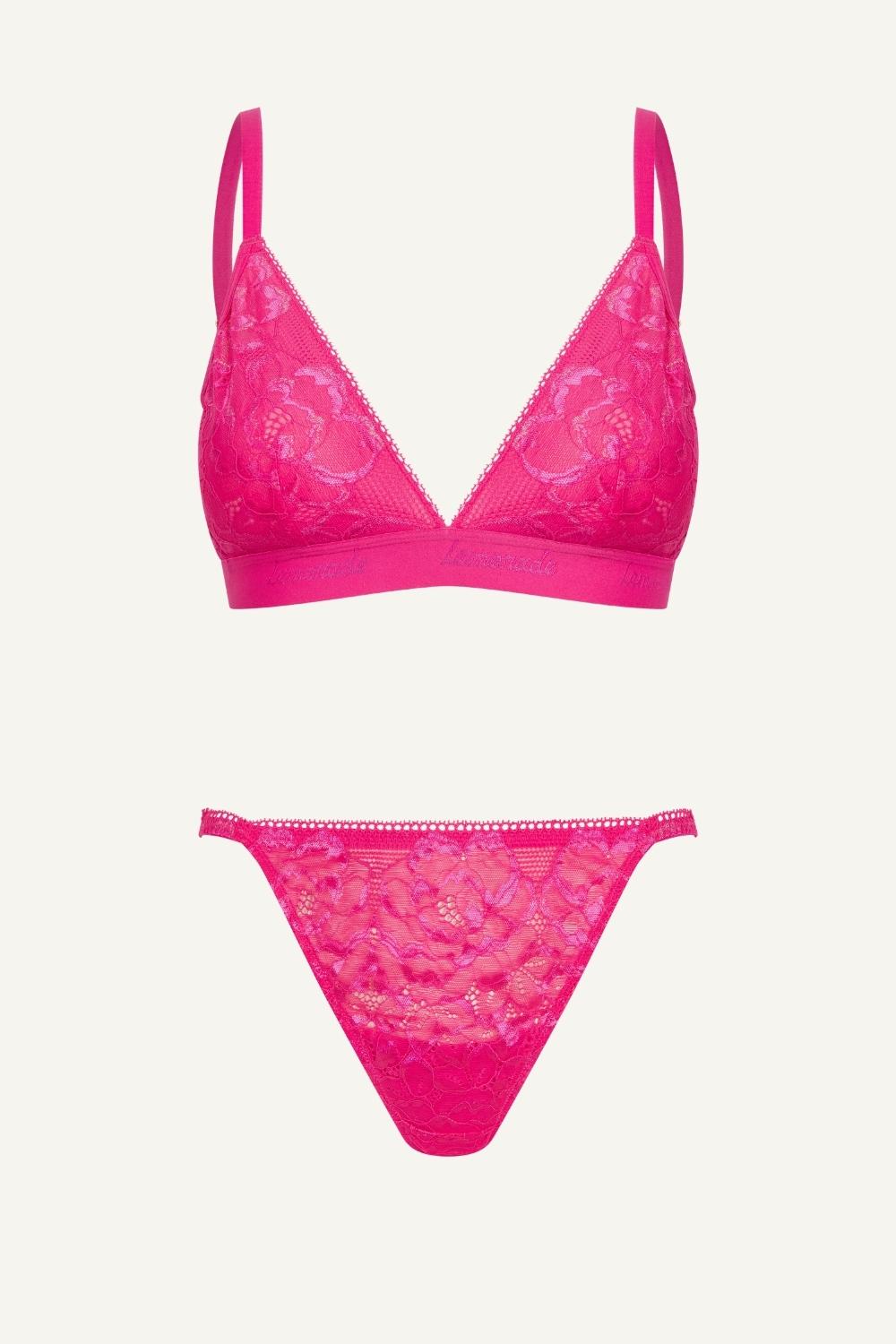 Pink Iridescent Lace Bralette And Pink Tanga Set