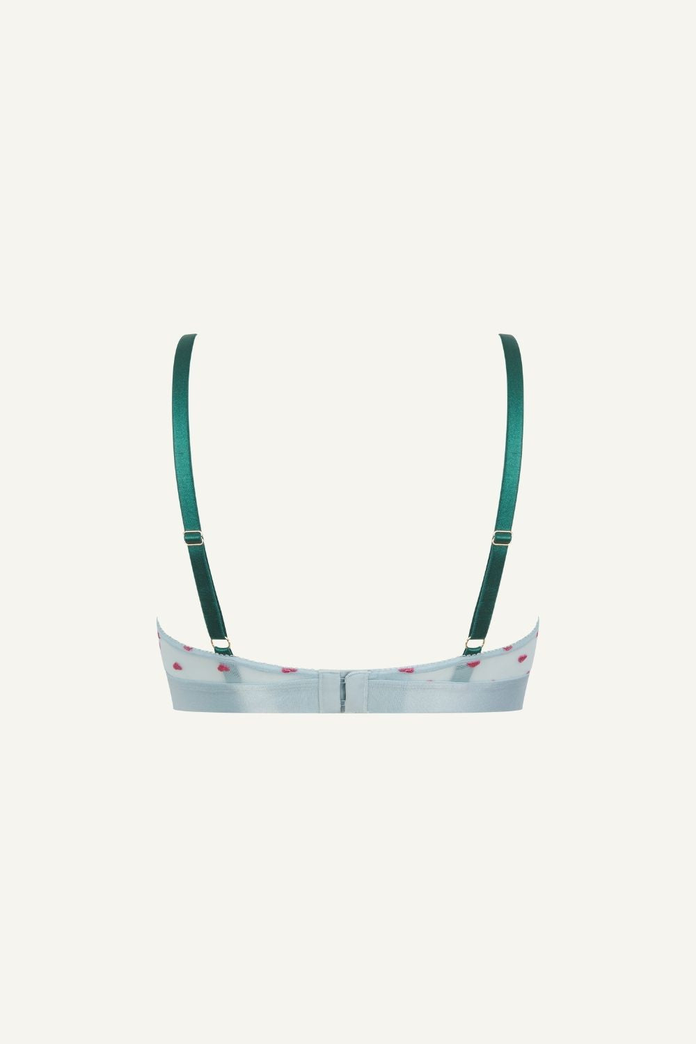 A ghost image of the back of a blue mesh bralette with small pink hearts on it and green straps 
