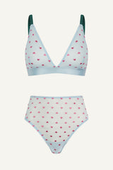 So Soft Mesh Heart Embroidery Bralette & High Waisted Brief Set - Blue