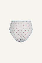 A ghost image of the back of a light blue heart embroidery brief 