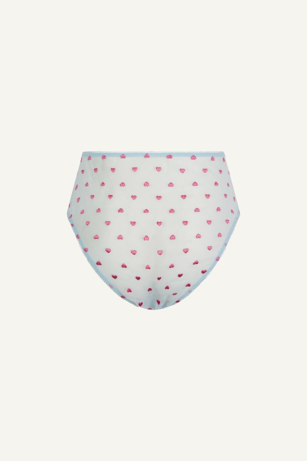 A ghost image of the back of a light blue heart embroidery brief 
