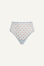 A ghost image of the front of a light blue brief with heart embroidery