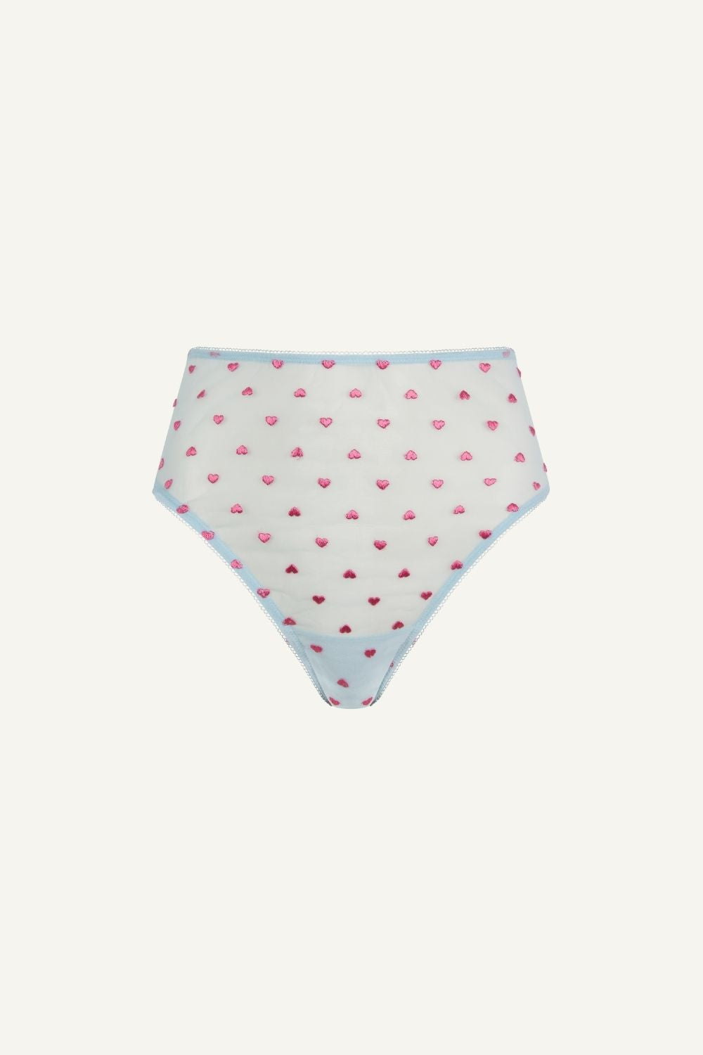 A ghost image of the front of a light blue brief with heart embroidery