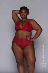 So Soft Mesh Heart Embroidery Bralette & High Waisted Brief Set - Red