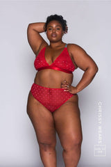 So Soft Mesh Heart Embroidery Bralette & High Waisted Brief Set - Red