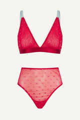 So Soft Mesh Heart Embroidery Bralette & High Waisted Brief Set - Red