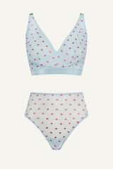 So Soft Mesh Heart Embroidery Fuller Cup & High Waisted Brief Set - Blue