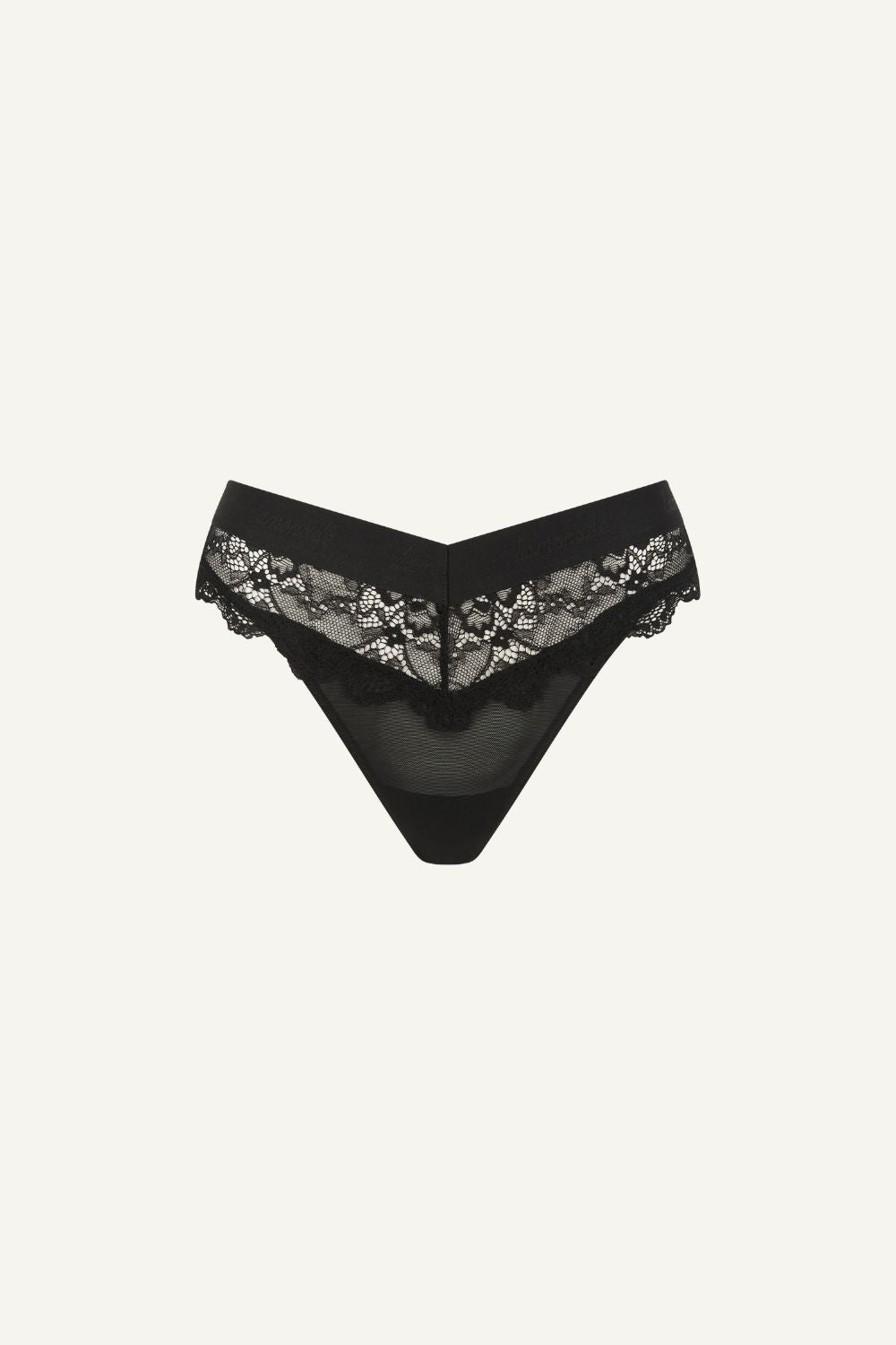 A ghost image of the front of the Signature Lace and Mesh V Brazilian in black 