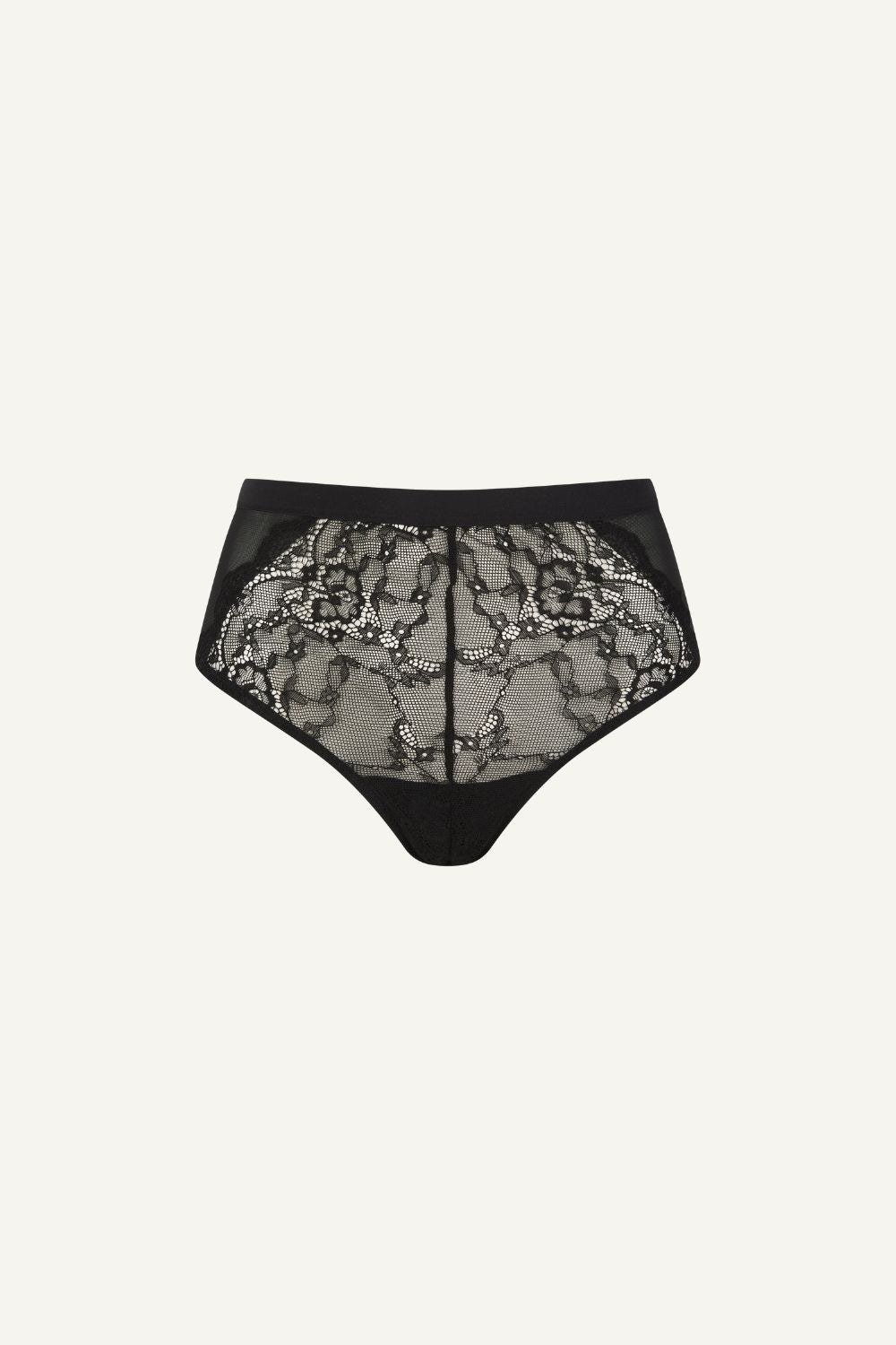 A ghost image of the front of a Black Lace High Waist Brief