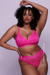 Signature Lace High Support Bralette & V Brazilian Set - Neon Pink