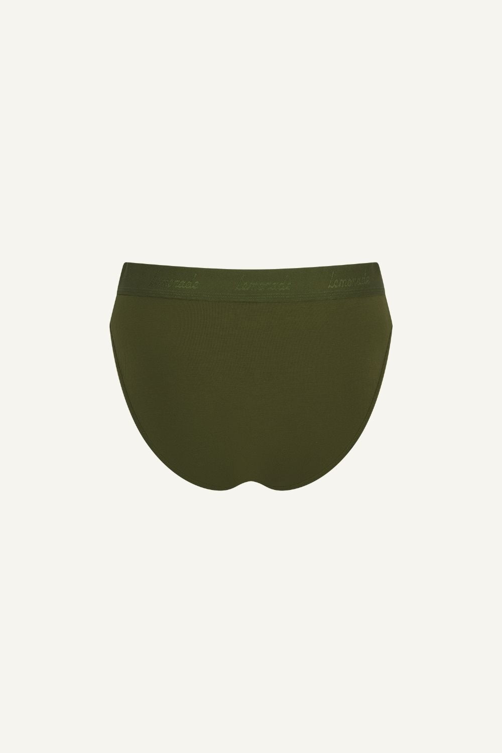 A ghost image of the back of a khaki green modal brief 