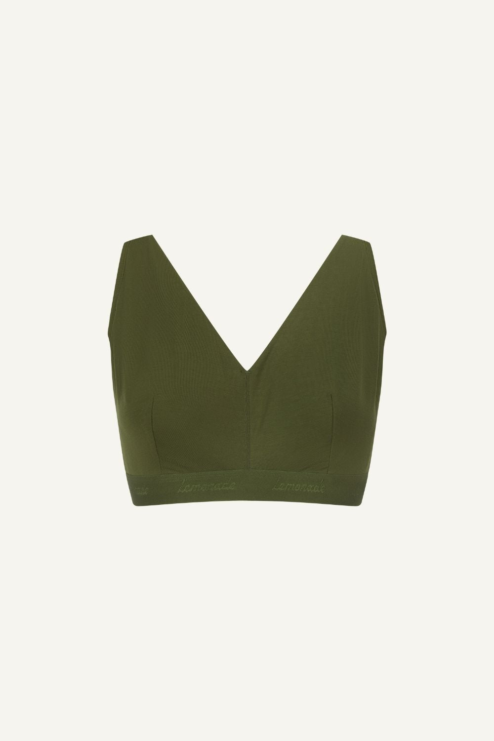 A ghost image of the front of a khaki mesh fuller cup bralette 